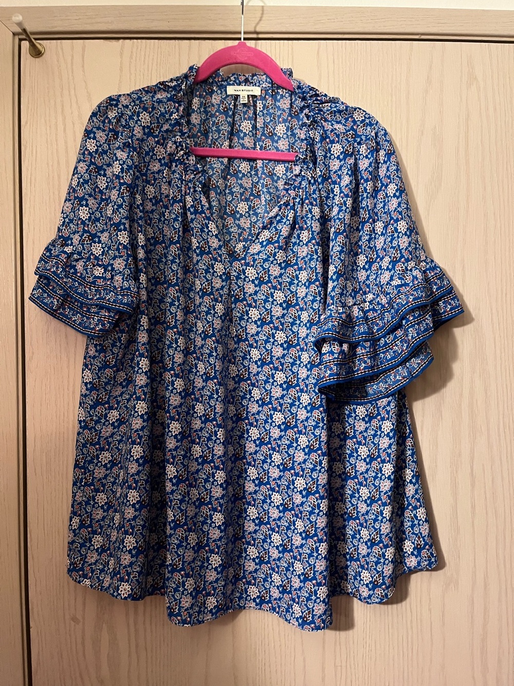 Madewell Blue Floral Blouse with Ruffle Sleeves
